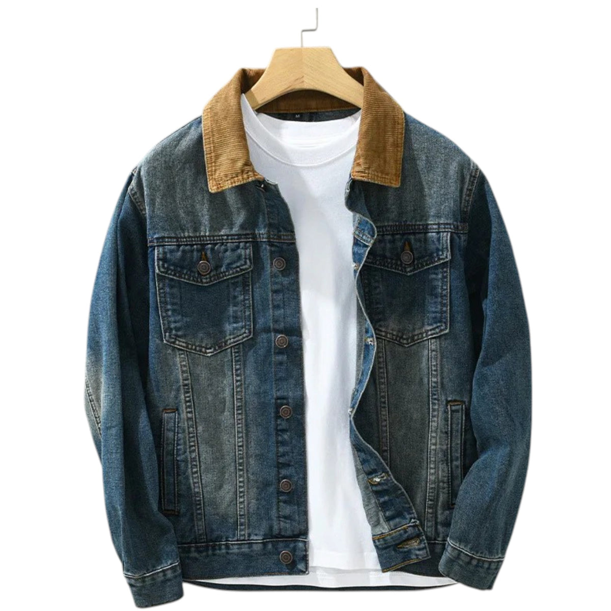 THARVEN Men's Vintage Washed Denim Trucker Jacket with Corduroy Collar