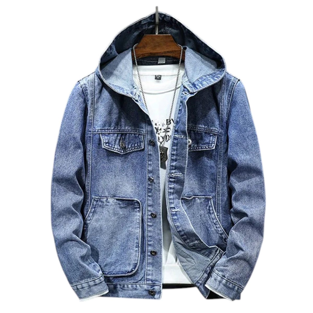 THARVEN Men's Hooded Denim Trucker Jacket with Button Closure and Large Pockets