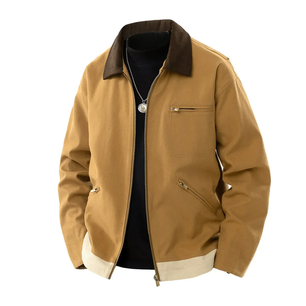 THARVEN Men's British Style Contrast Lapel Loose Fit Workwear Jacket