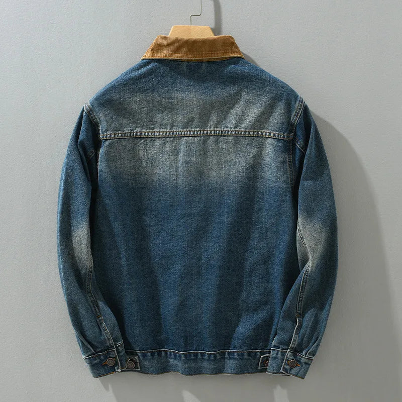 THARVEN Men's Vintage Washed Denim Trucker Jacket with Corduroy Collar