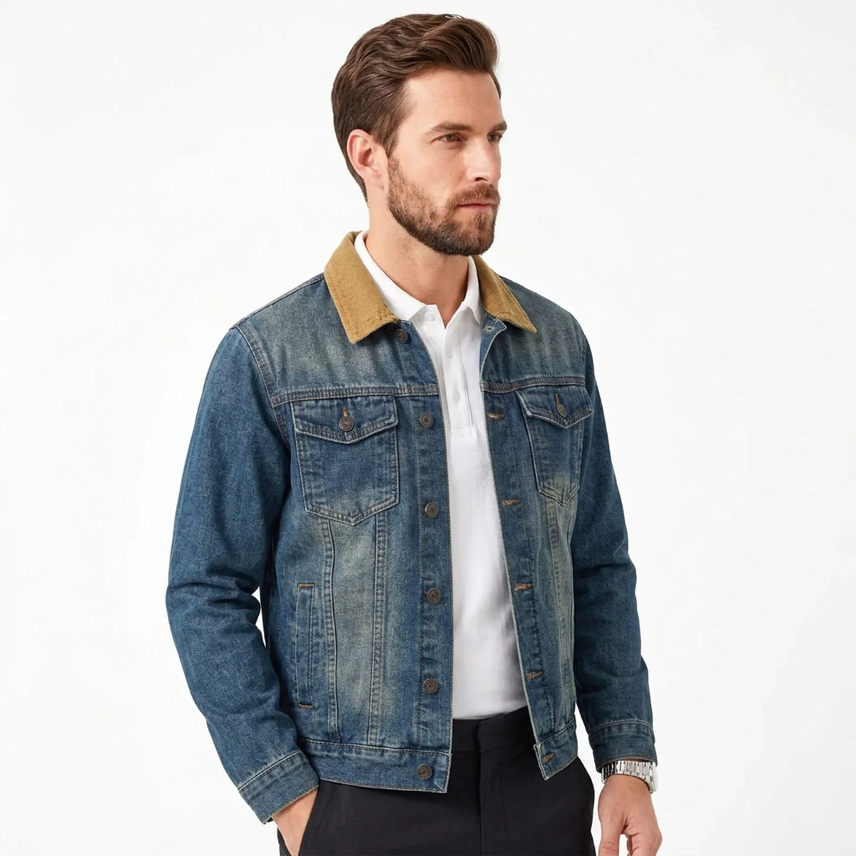 THARVEN Men's Vintage Washed Denim Trucker Jacket with Corduroy Collar