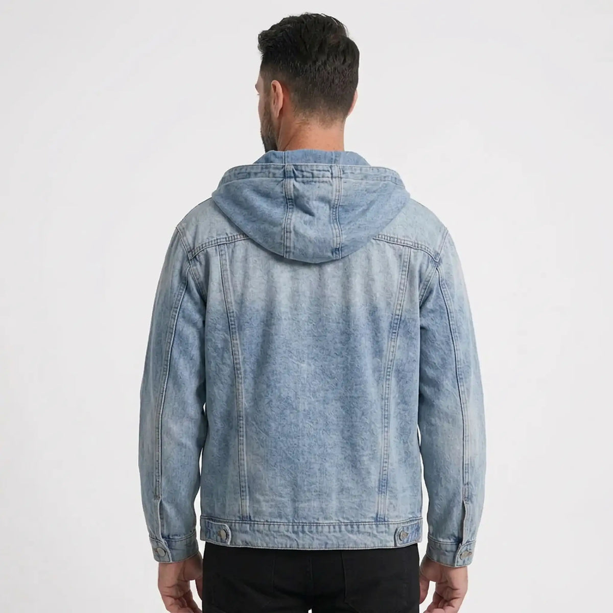THARVEN Men's Hooded Denim Trucker Jacket with Button Closure and Large Pockets