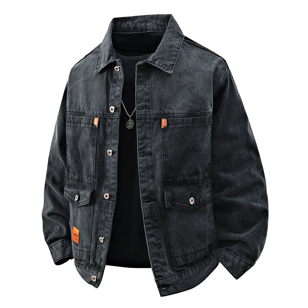 THARVEN Men's Relaxed Fit Denim Workwear Trucker Jacket with Utility Pockets